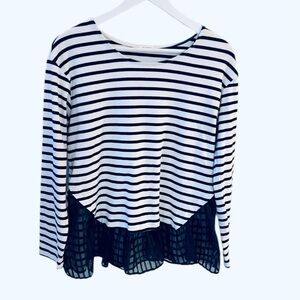 Pleione 90’s Y2K Women Stripe Long Sleeve Top with Lace Hem Navy Blue White Sz L